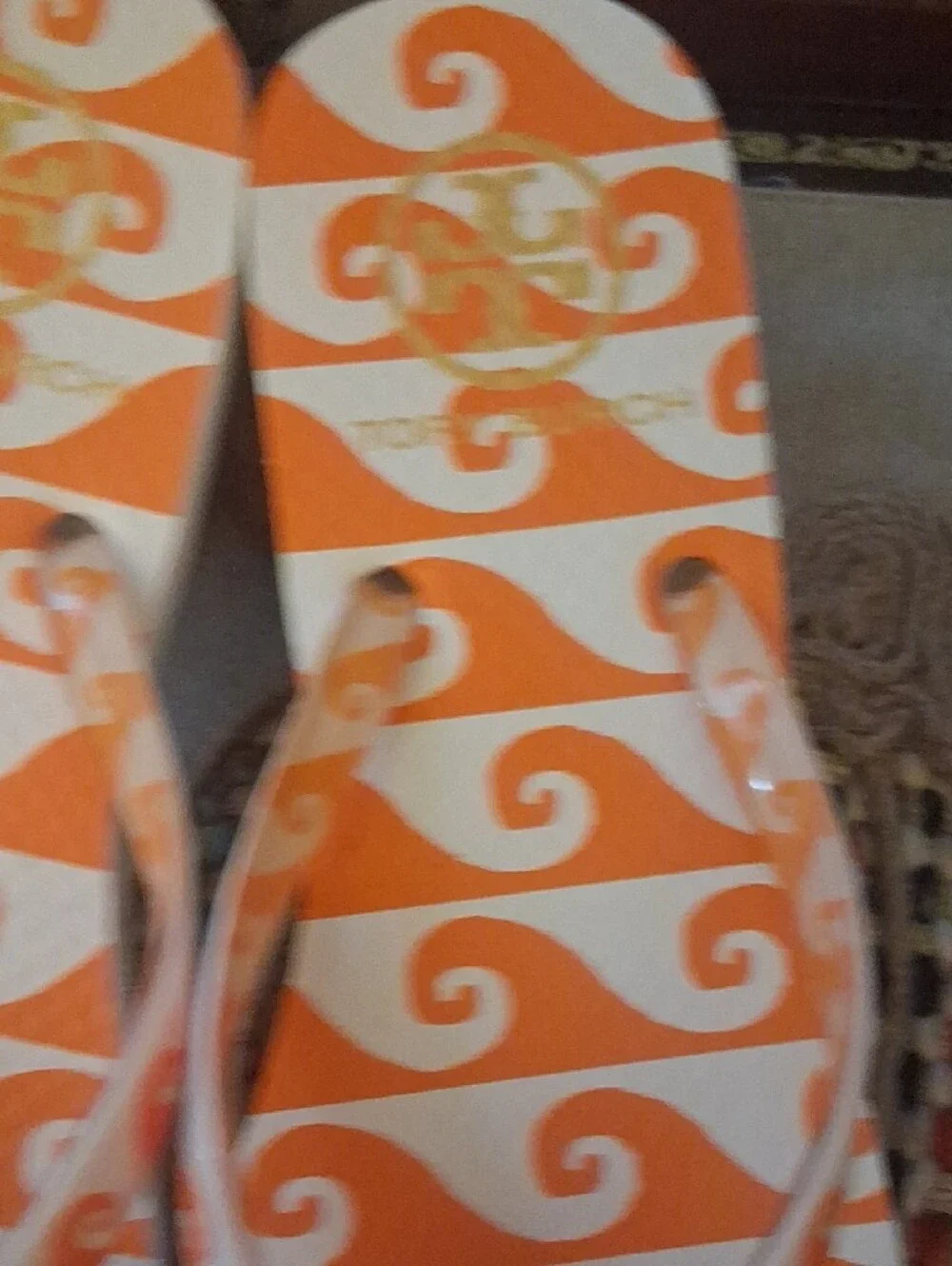 Tory Burch Orange & White Wave Flip Flop Sandals with Gold Logo